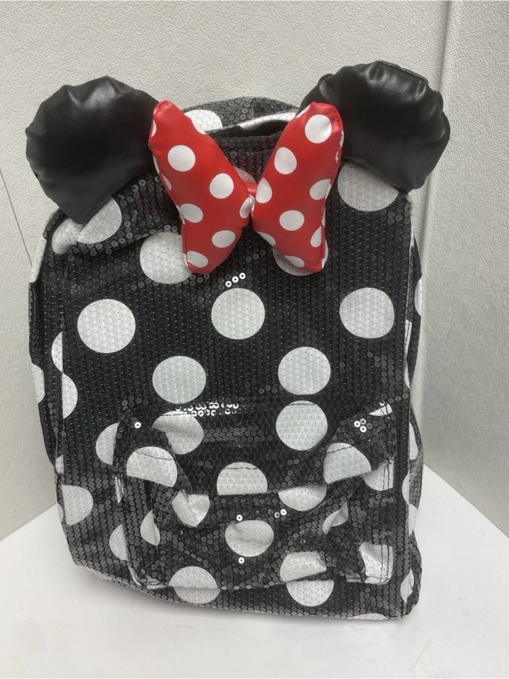 Minnie Black & White Polka Dot Kids Backpack with Red Bow Accent
